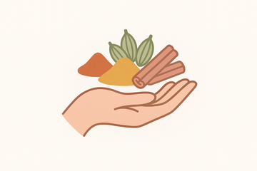 Minimal elegant vector icon of a hand holding fresh spices, symbolizing premium quality sourcing, aesthetic modern Shopify style, pastel tones, soft shadows, white background