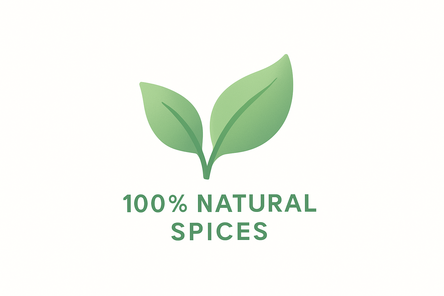 Minimal premium-quality vector-style icon of two green leaves symbolizing 100% natural & pure spices, soft pastel tones, flat modern style, white background, aesthetic Shopify style