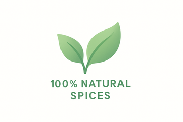 Minimal premium-quality vector-style icon of two green leaves symbolizing 100% natural & pure spices, soft pastel tones, flat modern style, white background, aesthetic Shopify style