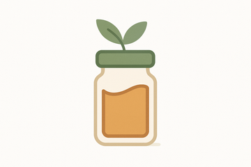 Minimal premium vector icon of a glass spice jar with a small green leaf on top, eco-friendly sustainable packaging concept, soft natural colors, white background, flat clean Shopify-style design